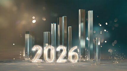 Shining Bright in 2026: An elegant display features the year 2026 prominently, accompanied by translucent pillars representing growth and progress, set against a soft, ambient background.