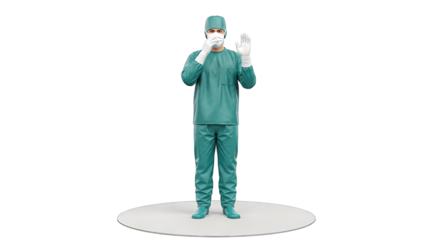 Surgeon in Scrubs and Mask Holding Up Hand - Powered by Adobe