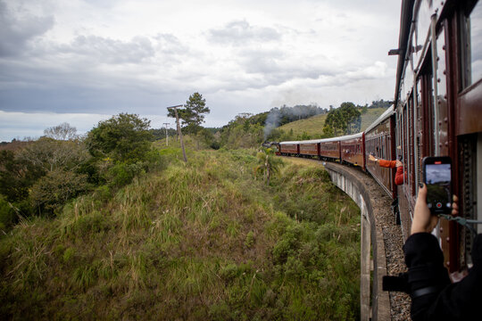 Historic steam train Maria Fumaca in Bento Goncalves Brazil on railway tracks