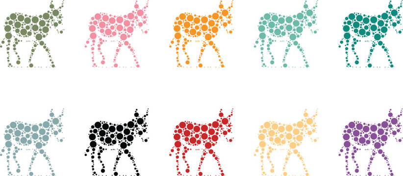 Colorful dot art donkey silhouettes mosaic pattern, Donkey animal mosaic icons