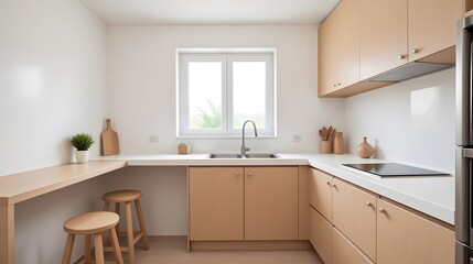 Fototapeta premium Modern kitchen interior with wooden cabinets and white countertops