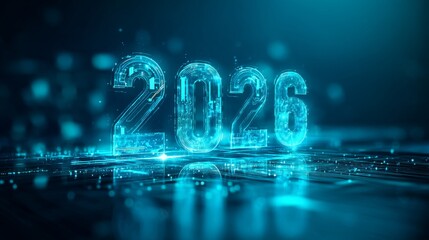 2026 Digital Technology: A glowing display of the year 2026, rendered with futuristic digital elements, suggests a horizon of advanced technology and innovation.