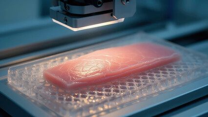 Machine processes raw meat for cooking in a modern kitchen at a food innovation center during the day Generative AI