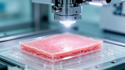3D food printing process of meat using advanced technology in a professional kitchen setting Generative AI