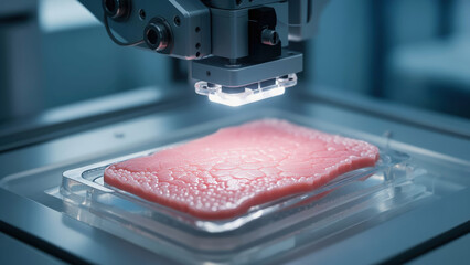 3D printer creates meat substitute in lab setting, showcasing food technology development and innovation in the food industry Generative AI