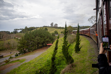 Historic steam train Maria Fumaca in Bento Goncalves Brazil on railway tracks
