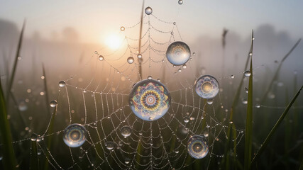 Morning light shines on dew drops in a spider web in a field during sunrise Generative AI