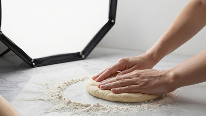 Hands press dough on a surface while preparing for baking in a kitchen setting during daylight hours Generative AI