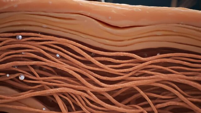 Hair follicle grows through skin surface in microscopic view. Follicle emerges from scalp showing hair growth. Microscopic skin reveals follicle structure. Hair biology displays growth through skin.