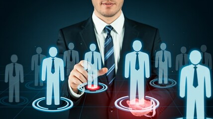Businessman selecting digital human icon in professional attire with blue glow and red highlight in futuristic interface for corporate technology
