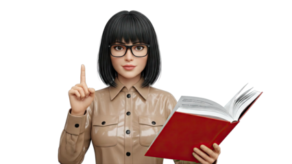 Woman with Glasses Holding a Book and Raising Her Finger