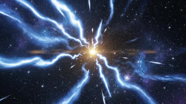 Abstract cosmic energy burst with blue lightning streaks and stars