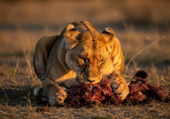 A lioness feeding on a carcass in the african savanna during golden hour