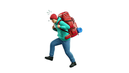 Hiker with backpack, sweating and struggling