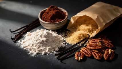 Baking setup with flour, sugar, cocoa powder, pecans, and vanilla beans on a dark surface in a kitchen setting Generative AI
