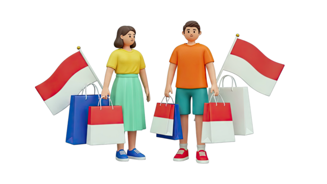 Indonesian Couple with Shopping Bags and Flag - Powered by Adobe