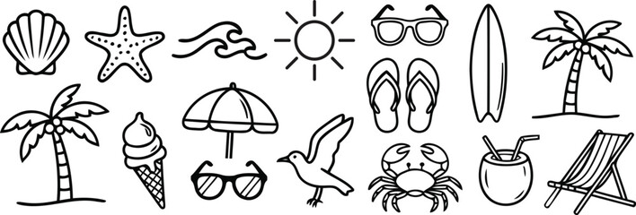 Obraz premium A delightful collection of hand-drawn black and white summer beach icons and elements