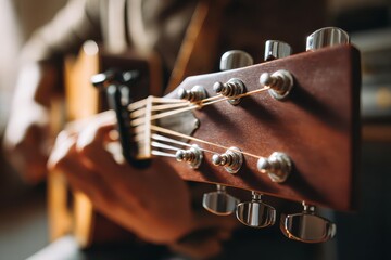 Close-up of hands tuning strings on a wooden guitar with a digital tuner in a cozy practice space