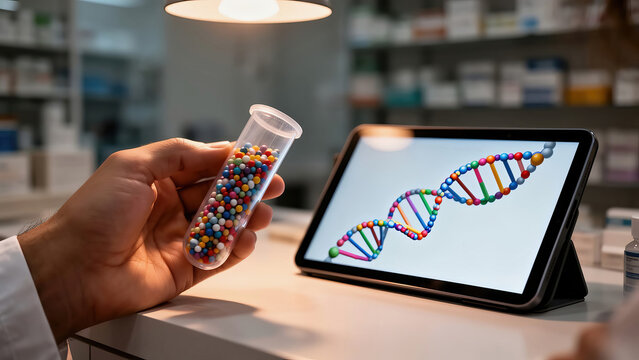 Scientist holds colorful beads while observing DNA model on tablet in laboratory Generative AI - Powered by Adobe