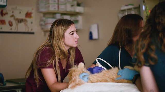 Veterinary students learning intubation on a feline manikin