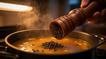 Person adds black pepper to pot of soup on stovetop during cooking session in kitchen at evening Generative AI