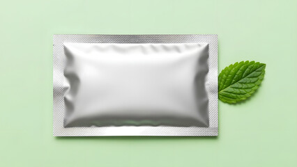 A silver foil packet with a green leaf on a light green background