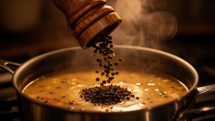 Cooking soup on a stove with spices being added in a kitchen environment during the evening Generative AI