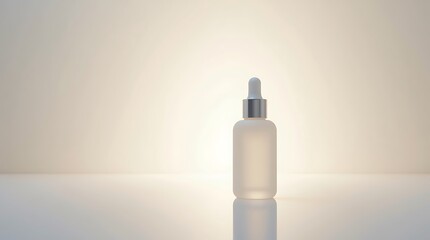 Ultra-Minimal Luxury Skincare Frosted Glass Bottle on Reflective Surface, Soft Backlight Glow, Clean Neutral Gradient, Branding-Ready Stock Image