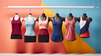 Colorful athletic tank tops displayed on mannequins against a vibrant geometric background, showcasing modern sportswear design and fashion trends for active lifestyles
