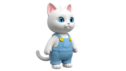3D White Cat Character Wearing Blue Overalls