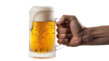 Hand holding a frosty beer mug with foamy head