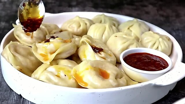 A freshly steamed dumpling plate prepared with soft dough and flavorful filling. These momos are served hot and fresh, making them ideal for Asian cuisine menus and casual street dining visuals.