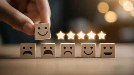 Customer Satisfaction Rating Concept with Smiley Faces. Giving a five star rating  