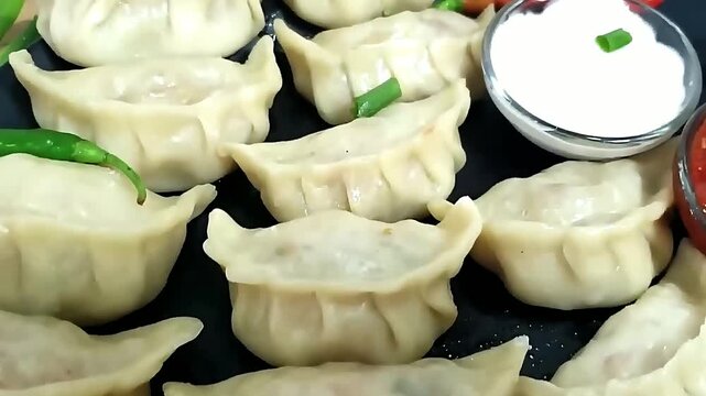 A freshly steamed dumpling plate prepared with soft dough and flavorful filling. These momos are served hot and fresh, making them ideal for Asian cuisine menus and casual street dining visuals.