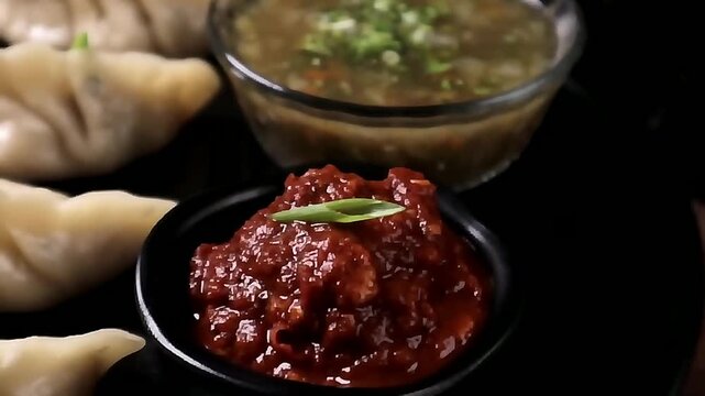 A freshly steamed dumpling plate prepared with soft dough and flavorful filling. These momos are served hot and fresh, making them ideal for Asian cuisine menus and casual street dining visuals.