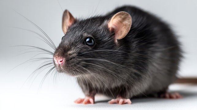 Close-up studio photograph of a black rat on a white backdrop, high-detail fur and calm posture - Powered by Adobe