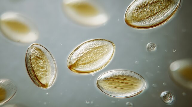 Close-up view of yeast cells with budding, pale cream tones