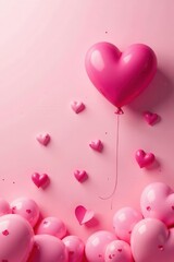 Pink postcard, flying hearts, balloon, paper elements , sweet, pastel, airy