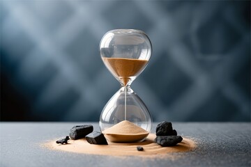 hourglass with spilled sand and charcoal. Fossil fuel resource exhaustion countdown