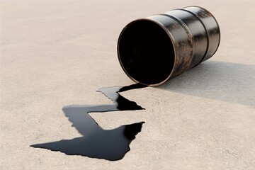 oil barrel with spill in shape of decrease arrow. Decline fuel price