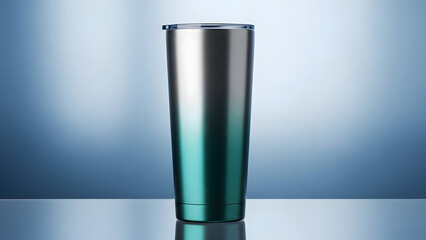 A shiny metallic tumbler with a gradient color effect on a reflective surface