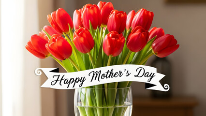 A bouquet of red tulips in a vase with a Happy Mother's Day banner