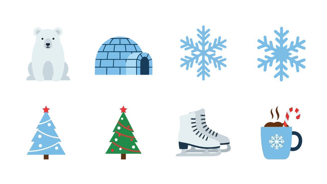Winter icon set polar bear igloo snowflake christmas tree skates cocoa