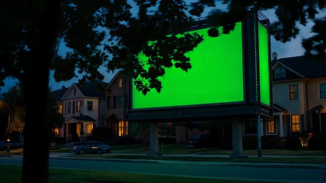 Bright green billboard lights up residential street at night in a suburban area