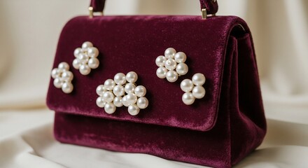 柔らかな光に包まれ輝く花形真珠が美しい深紅のベルベットバッグ優雅な夜を彩る豪華な逸品. AI Generated