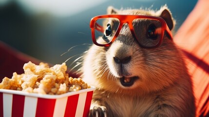 Cute animal wearing red glasses is enjoying popcorn from a striped container while sitting on a cozy blanket, creating a playful and whimsical atmosphere for entertainment
