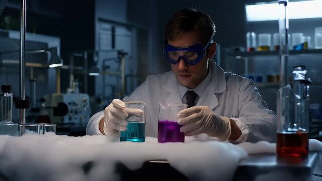 Scientist conducts chemical experiments in laboratory during evening hours with various beakers and solutions