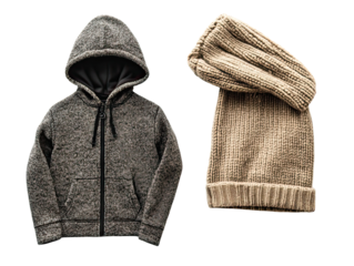 Cozy winter accessories: hoodie and scarf on transparent background