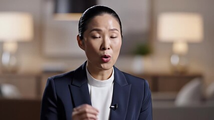 Asian Business Woman Speaking Interview Testimonial Corporate Executive Professional Portrait Leadership Success Motivation Confidence Career Goals Stock Video Footage