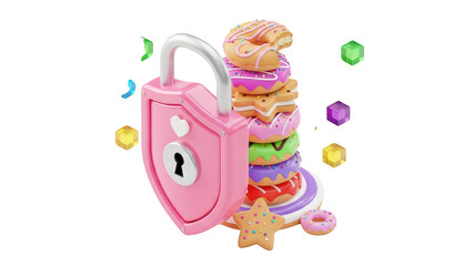 Pink padlock open to reveal colorful donuts and treats floating freely